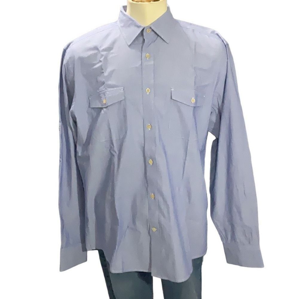 Joseph Abboud Men’s Long Sleeve Roll Tab Blue Pinstripe Button front Shirt Sz XL